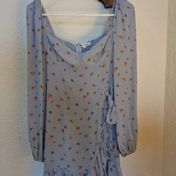 Reformation Blue Floral Cammi Dress Faux Wrap Long Sleeve Size 2 - Picture 6 of 8